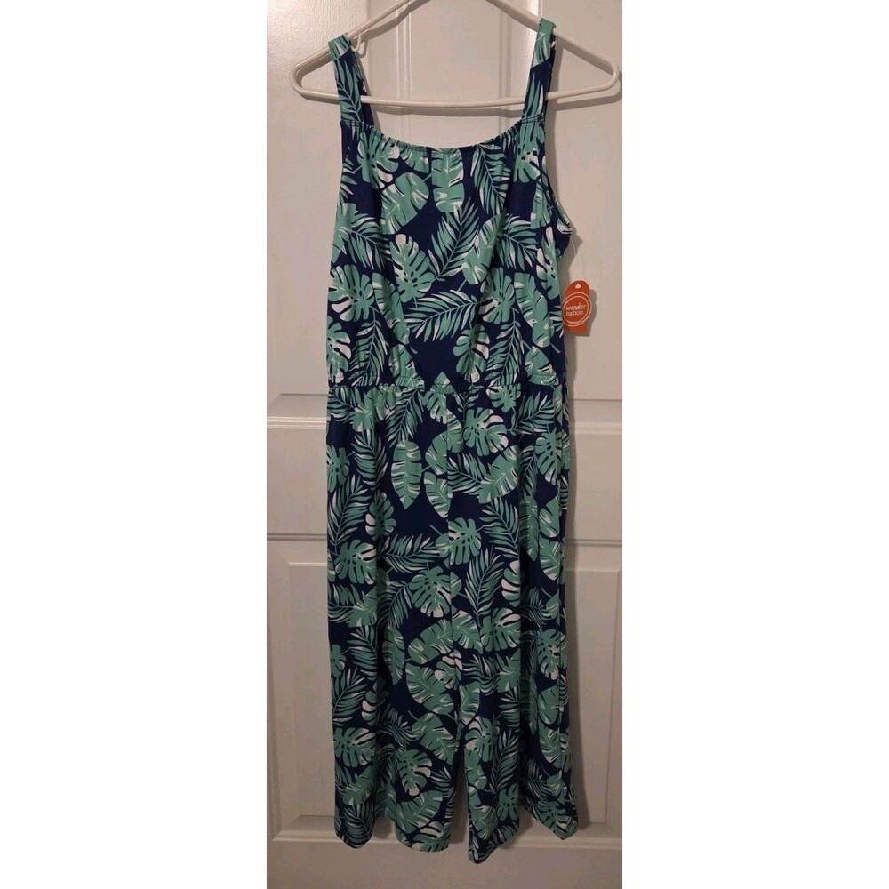 Wonder Nation brand romper, green and white tropical leaf pattern on a navy...